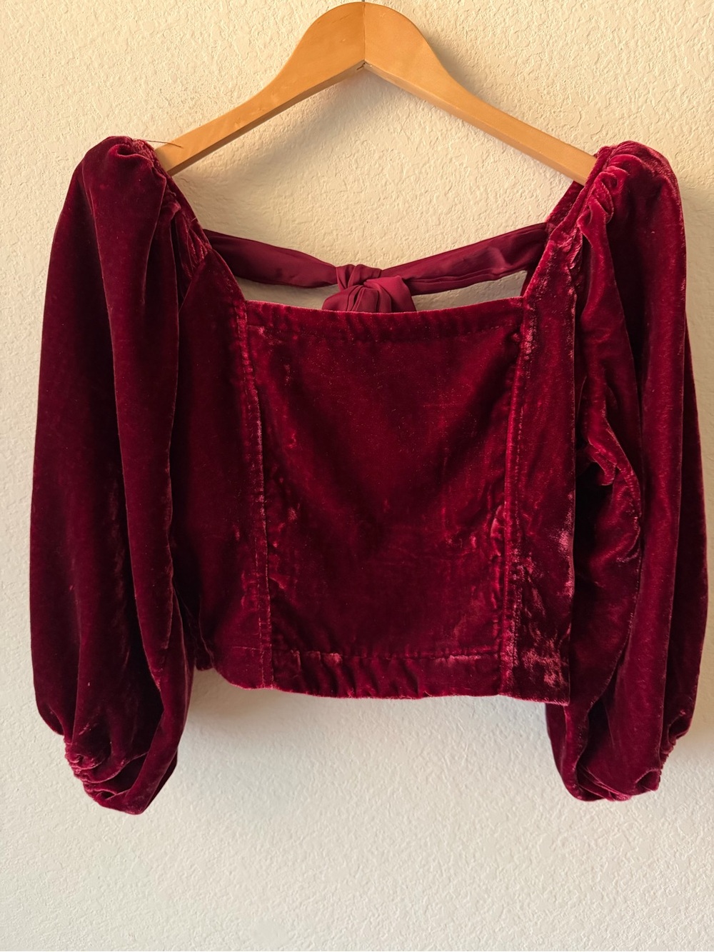 Free People Burgundy Velvet Puff Sleeve Crop Top Tie Back Smocked Maroon Small